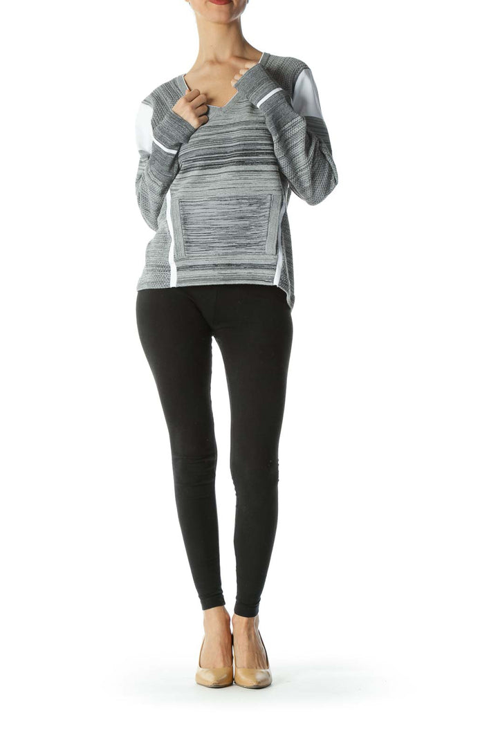 Gray/White V-Neck Knitted Front-Pocket Pullover Sweater