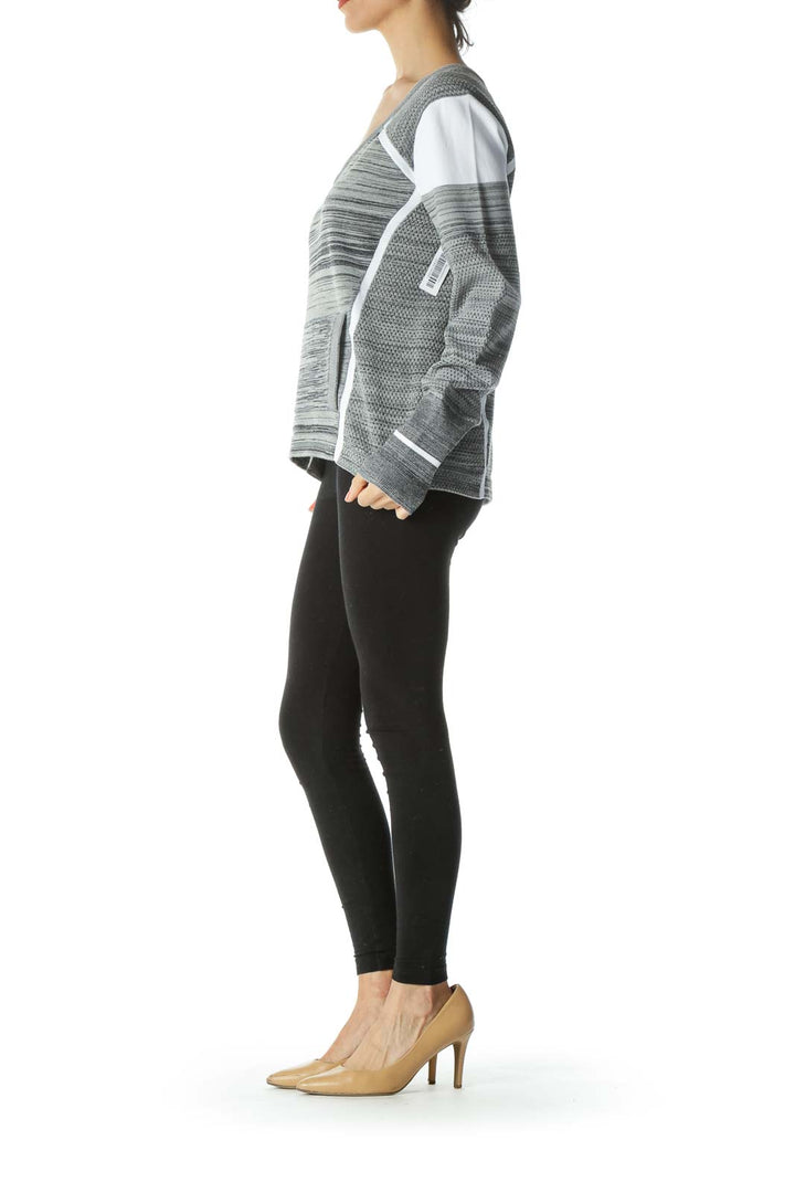 Gray/White V-Neck Knitted Front-Pocket Pullover Sweater