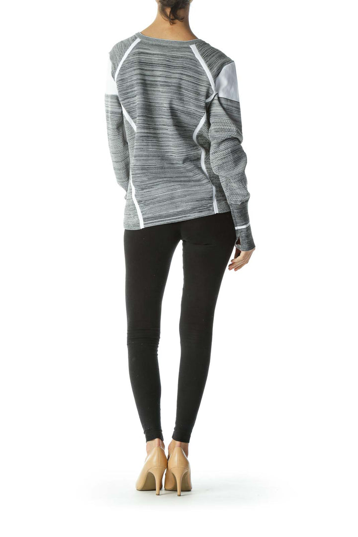 Gray/White V-Neck Knitted Front-Pocket Pullover Sweater