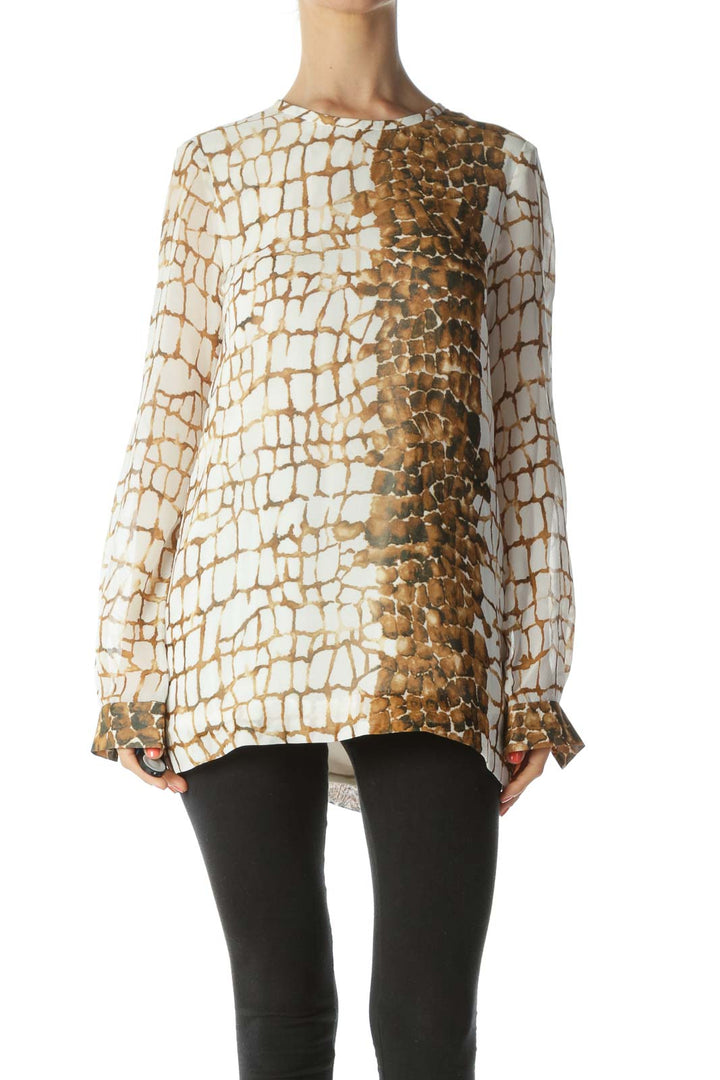 White & Brown Reptilian-Print 100% Silk Long-Sleeve Designer Blouse