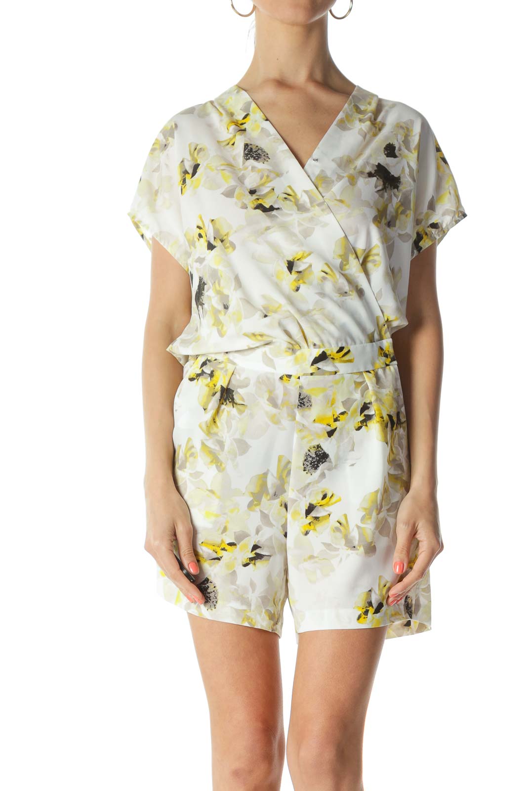 White/Yellow/Black Floral-Print Elastic-Waist Pocketed Romper
