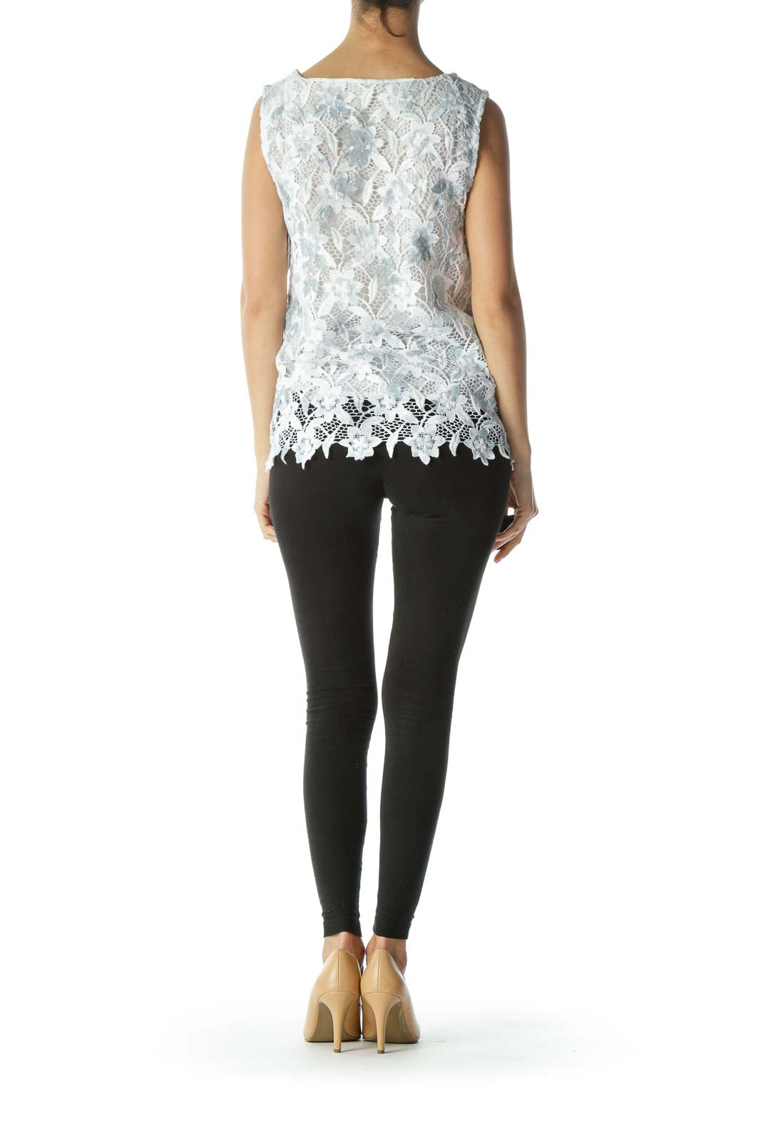 Blue & White Lace Floral Sleeveless Lined Blouse