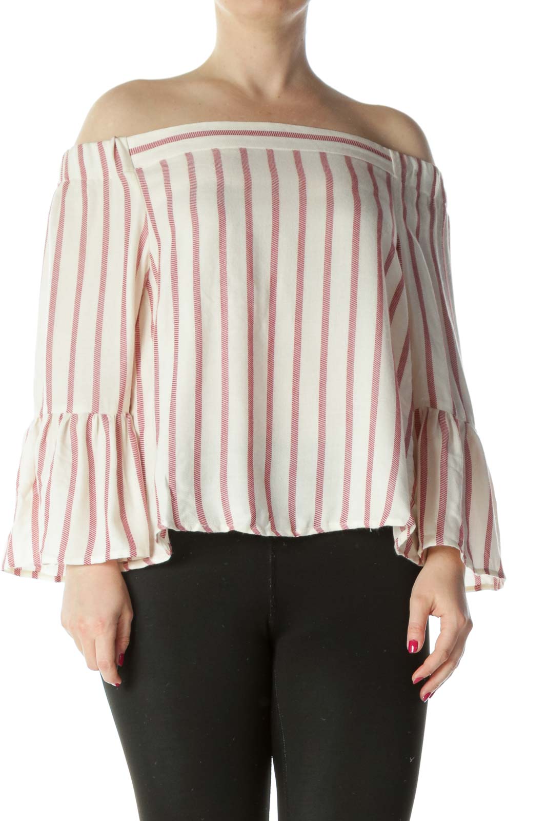 White Red Stripe Off-Shoulder Bell Sleeve Top