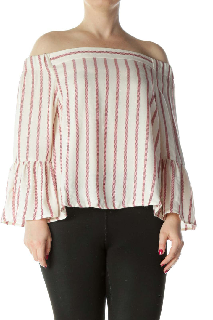White Red Stripe Off-Shoulder Bell Sleeve Top