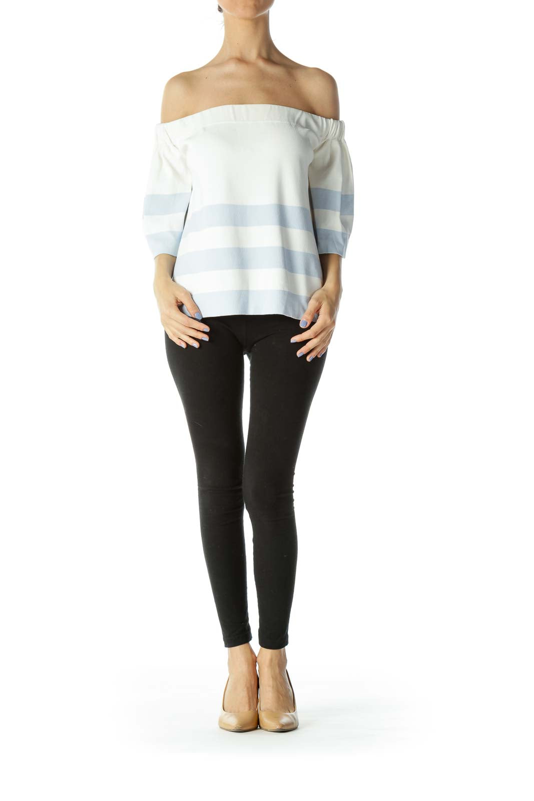 White Stripe Off-Shoulder Bell Shot Sleeve Top