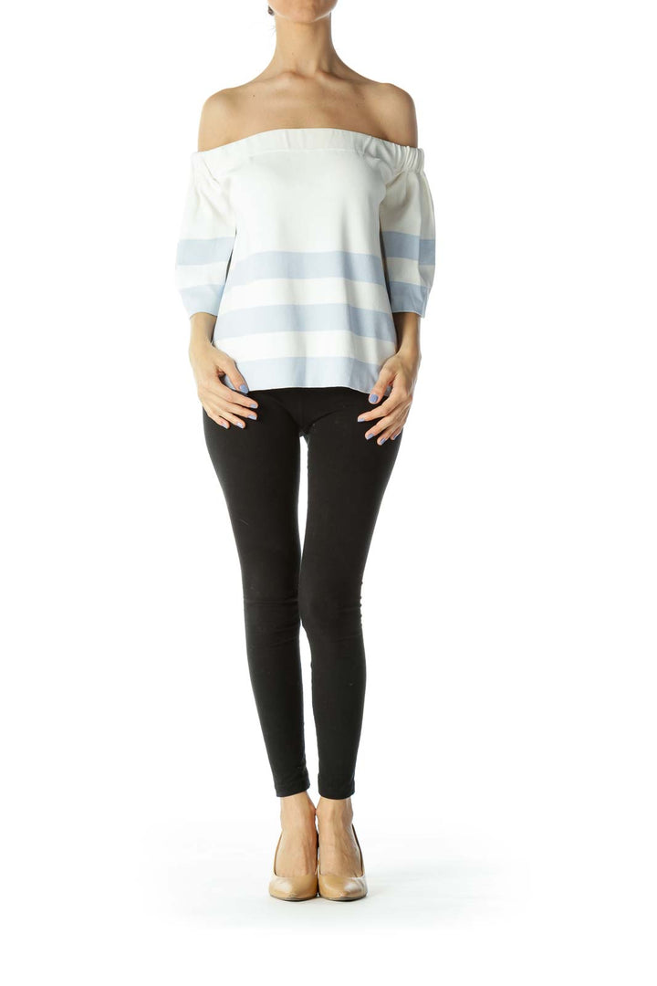 White Stripe Off-Shoulder Bell Shot Sleeve Top
