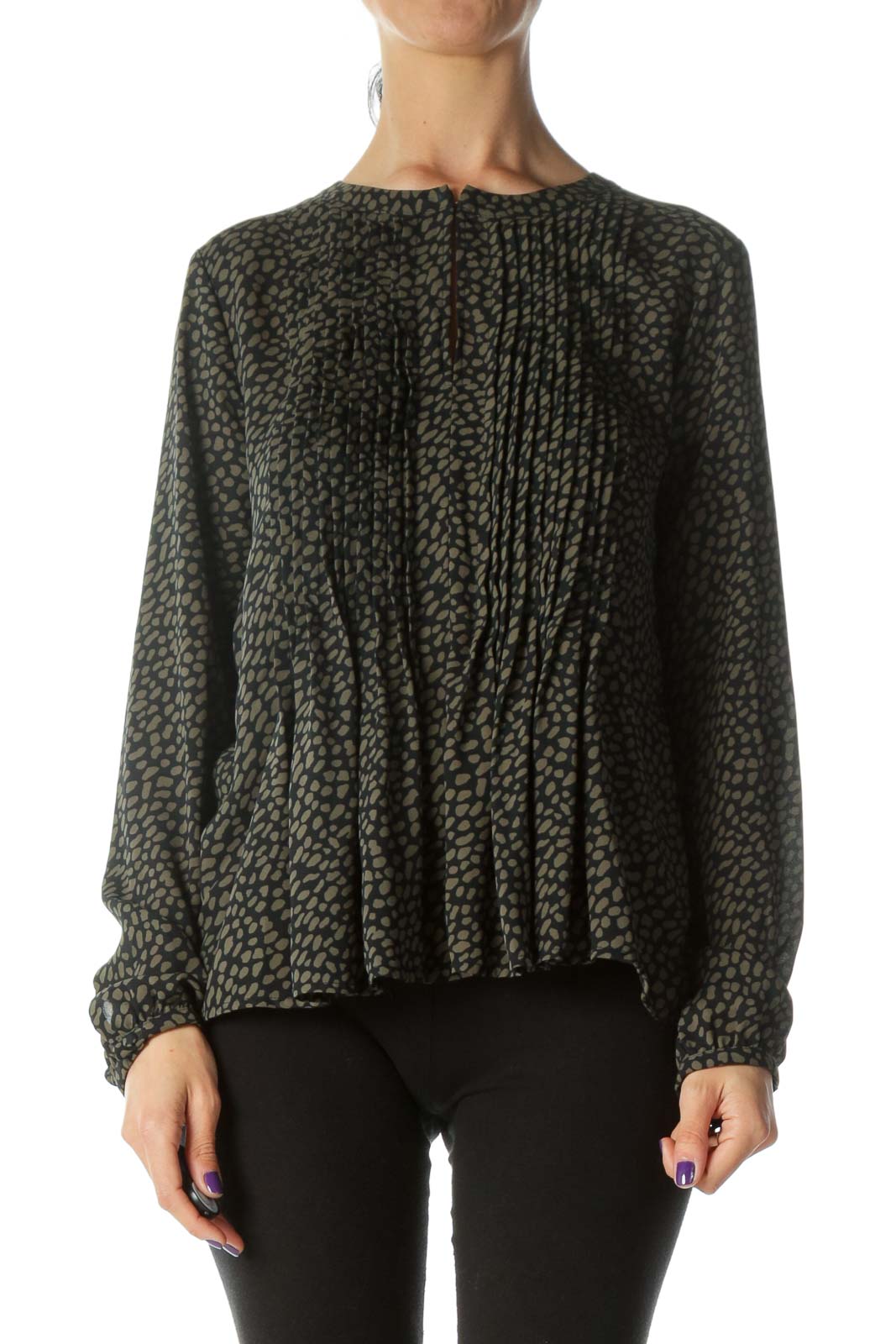 Olive & Black Patterned Pleated Long Sleeve Blouse