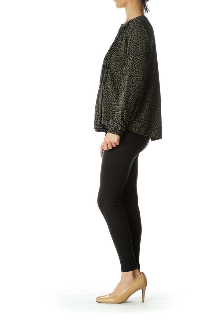 Olive & Black Patterned Pleated Long Sleeve Blouse