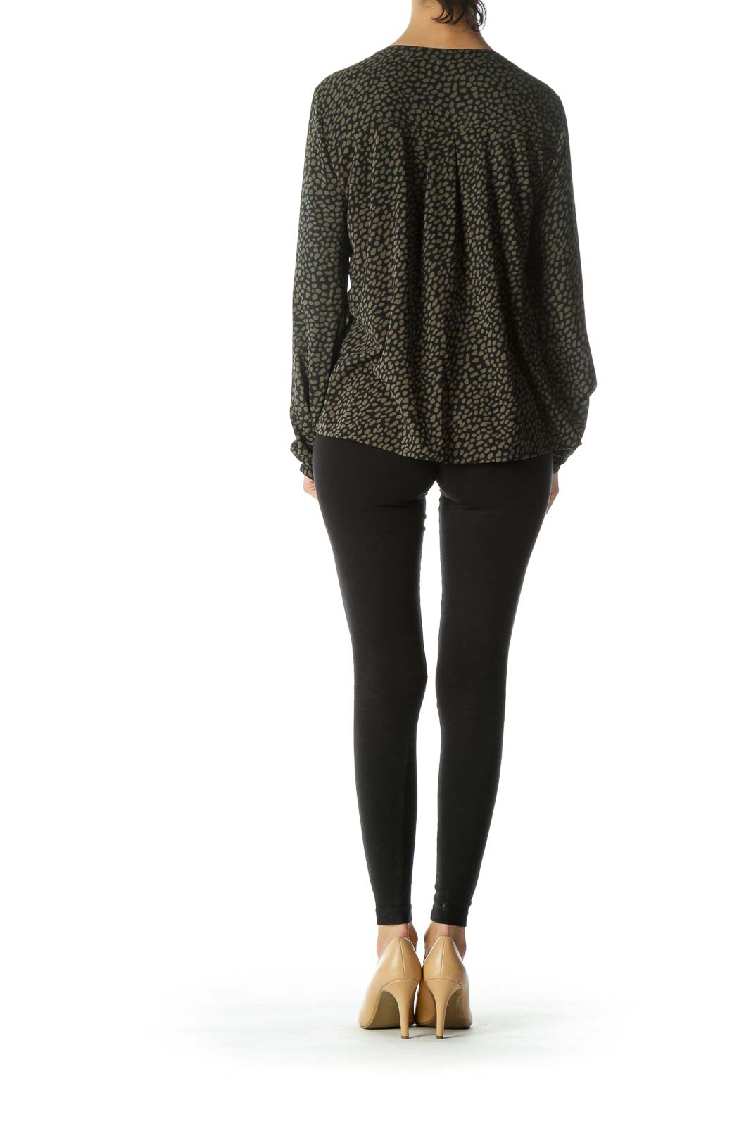 Olive & Black Patterned Pleated Long Sleeve Blouse