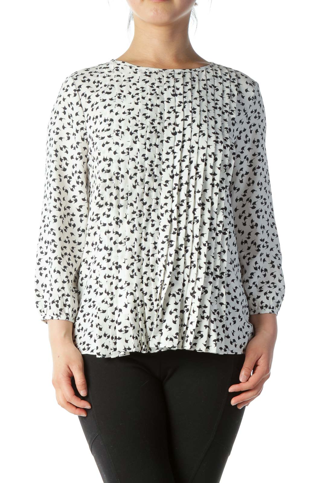 Black & White Printed Pleated Long-Sleeve Blouse