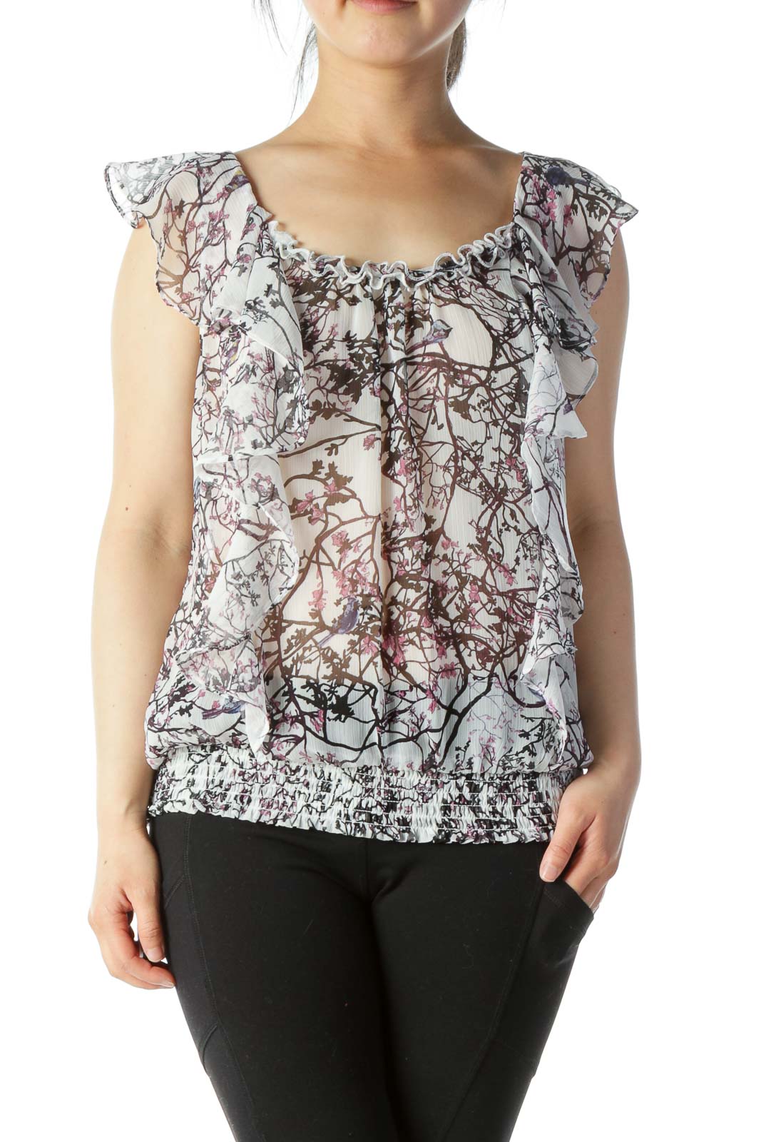 Multicolored Floral-Print Ruffled Translucent Cinched-Waist Blouse