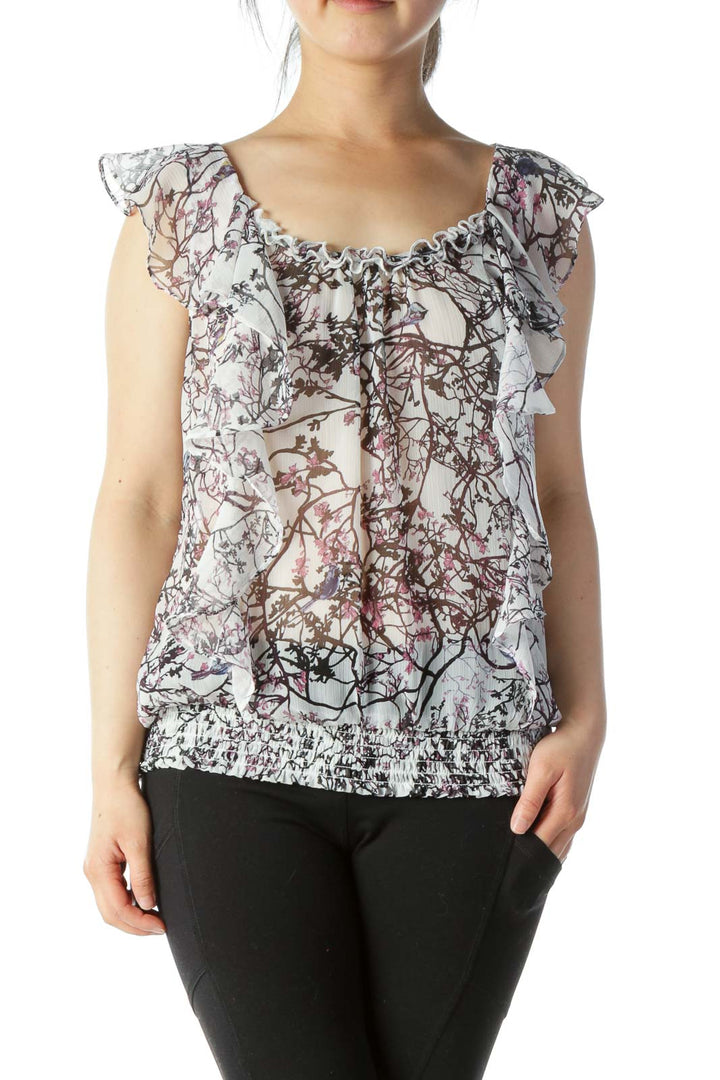 Multicolored Floral-Print Ruffled Translucent Cinched-Waist Blouse