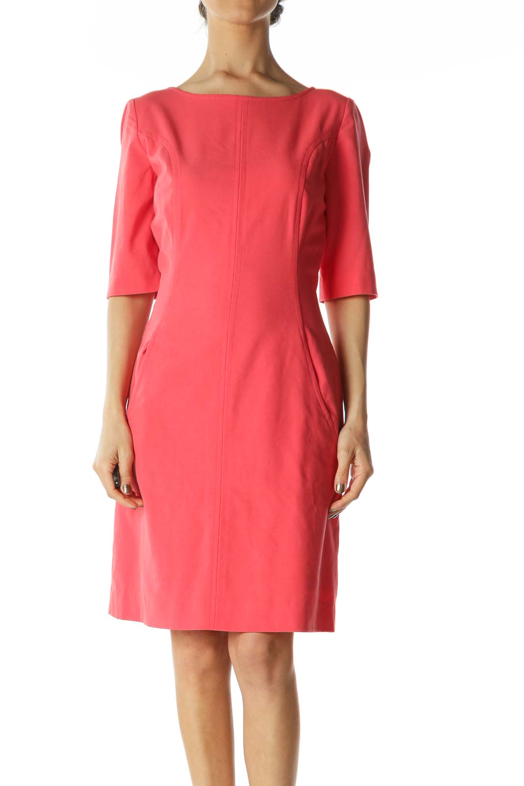 tahari dresses red Tahari Arthur S Levine Belted Red Orange Cap Sleeve Sheath Dress Size 2P Pockets