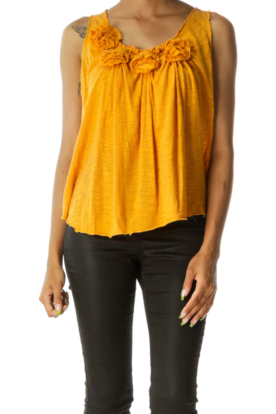 Old-Gold-Yellow 100% Cotton Flower-Appliques Knit Tank