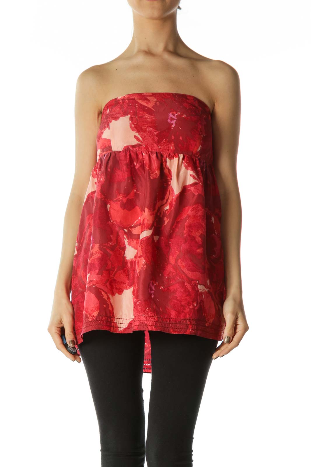 Red Pink Printed Empire-Waist Strapless Top