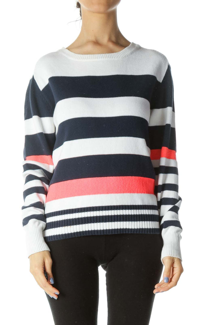 Blue/White/Neon-Pink Striped Long-Sleeve Sweater