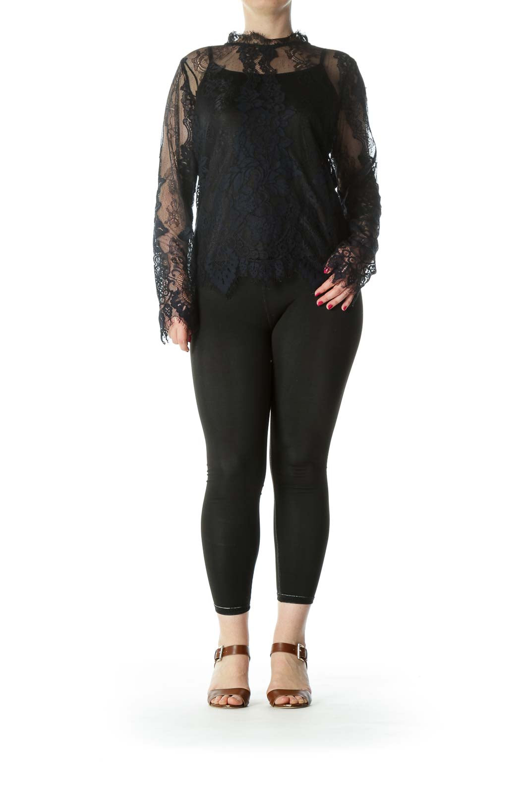 Black Navy Lace Blouse Top
