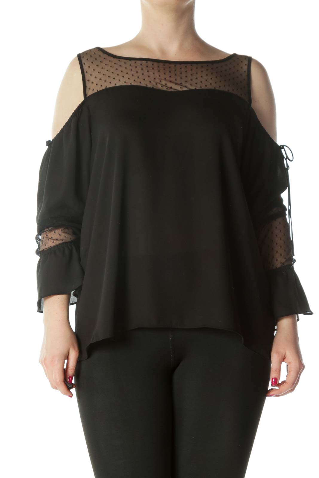 Black Cold-Shoulder See-Through Polka-Dot Long-Sleeve Blouse