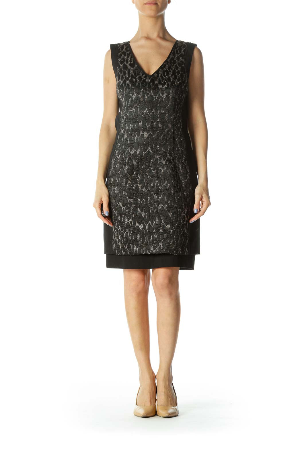 Black/Beige Leopard-Texture Lined Cocktail Dress