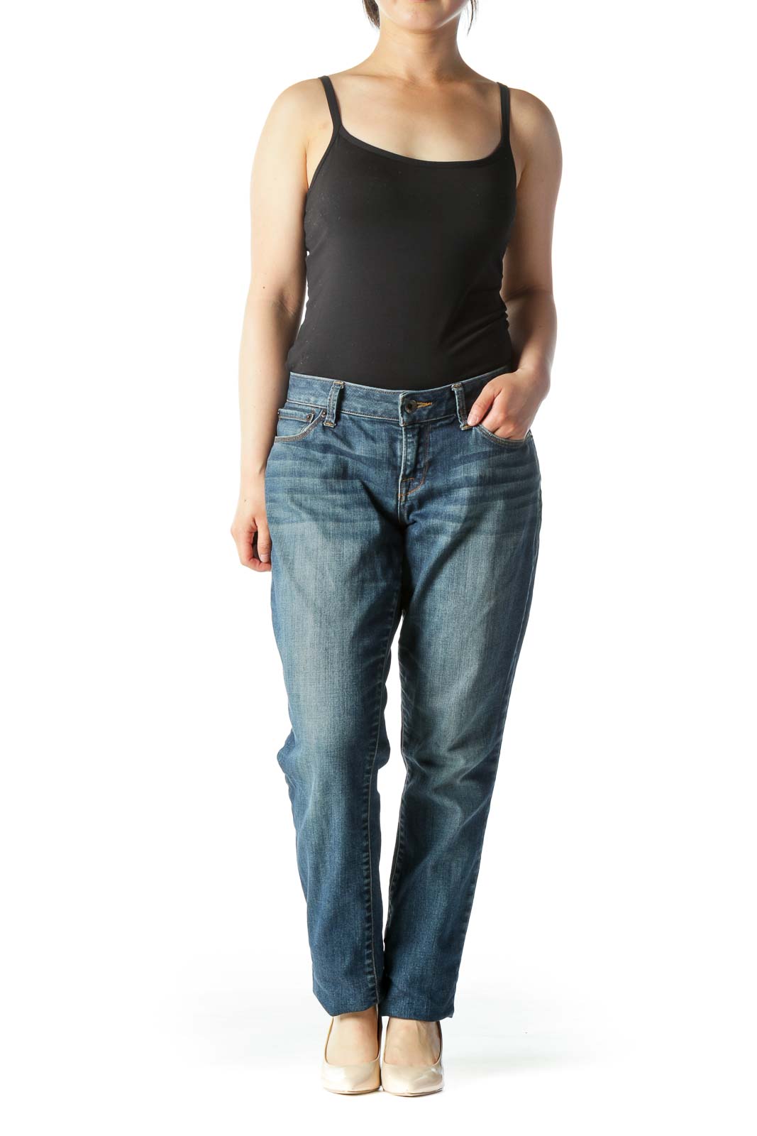 Blue Mid-Rise Whiskered-Wash Skinny Jeans