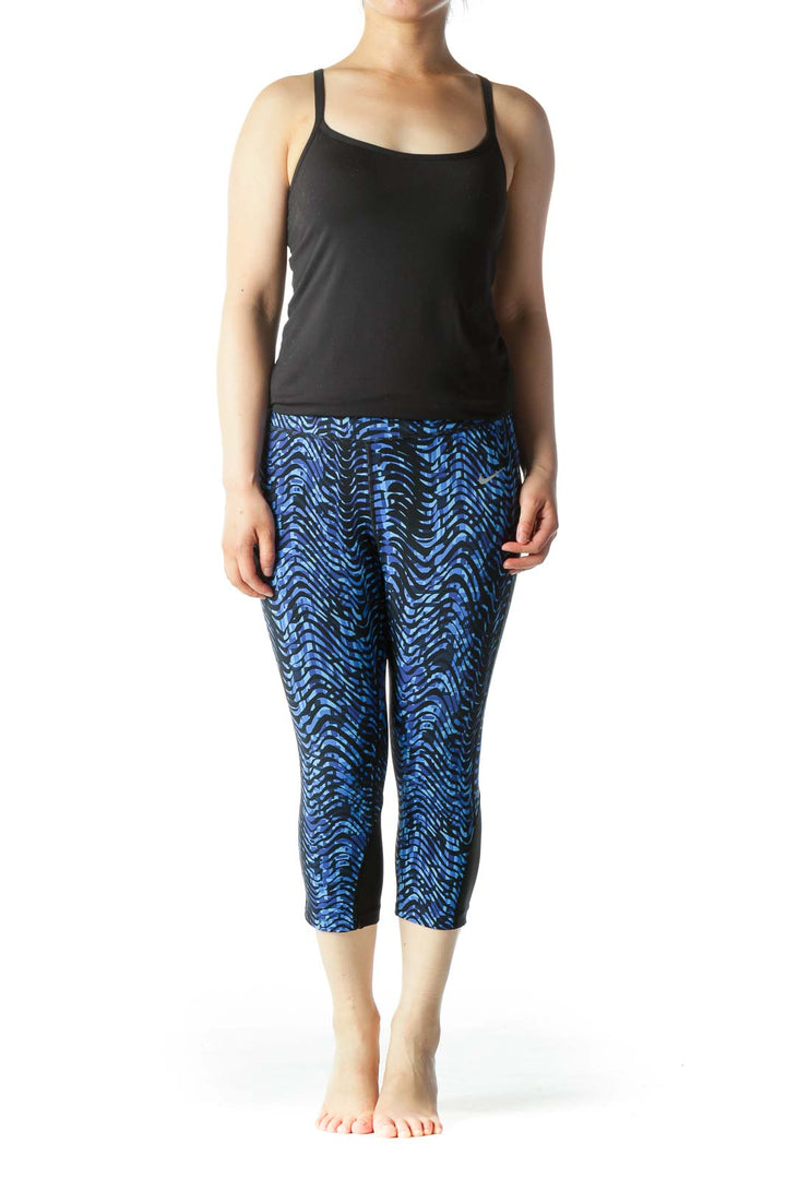 Blue & Black Cropped Leggings with Mesh & Reflective Details & Front/Back Pockets