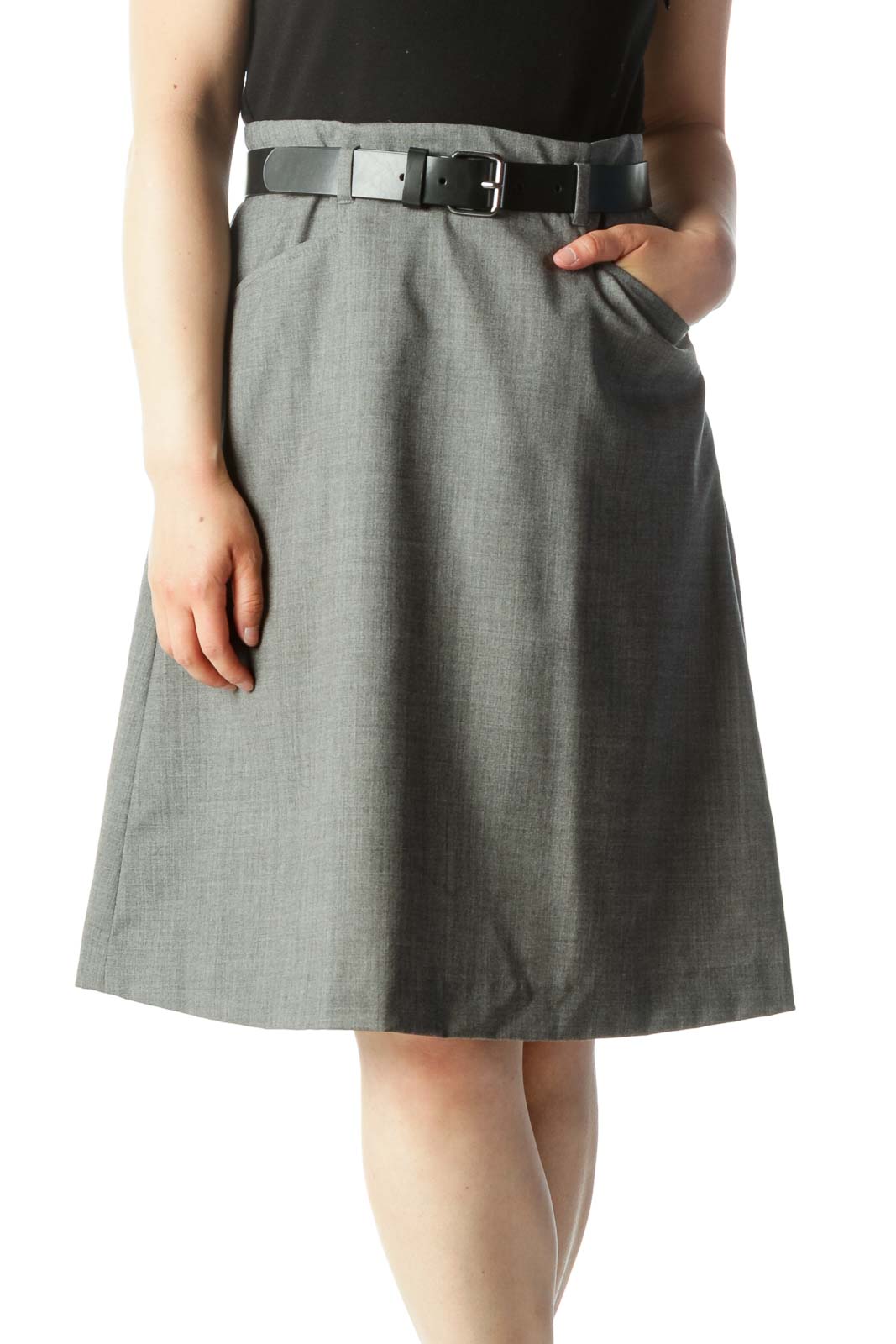 Black & Gray Mixed Media Belted Pocketed Sleeveless Work Dress