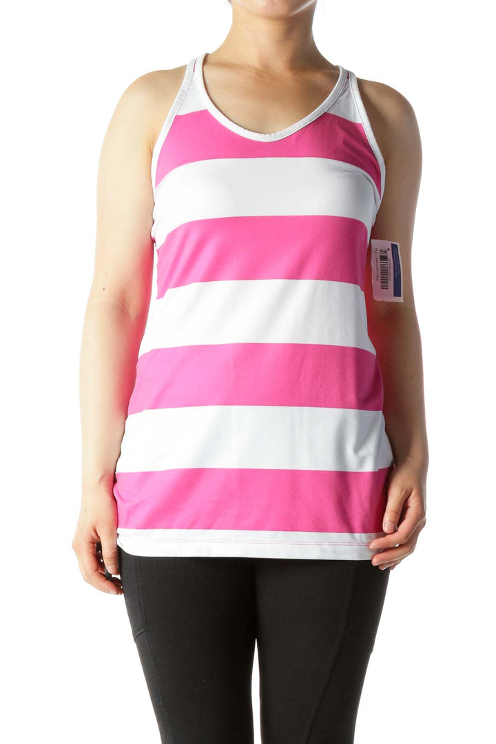 Pink White Stripe Back Mesh Racerback Stretch Active Top