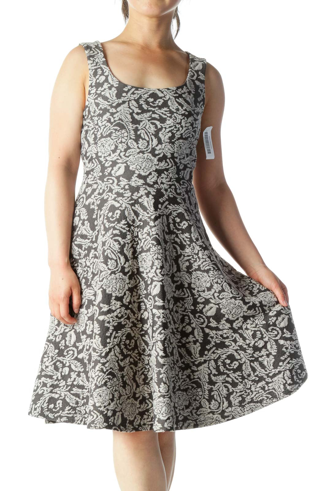 Gray Floral-Design Flared Sleeveless Knit Dress