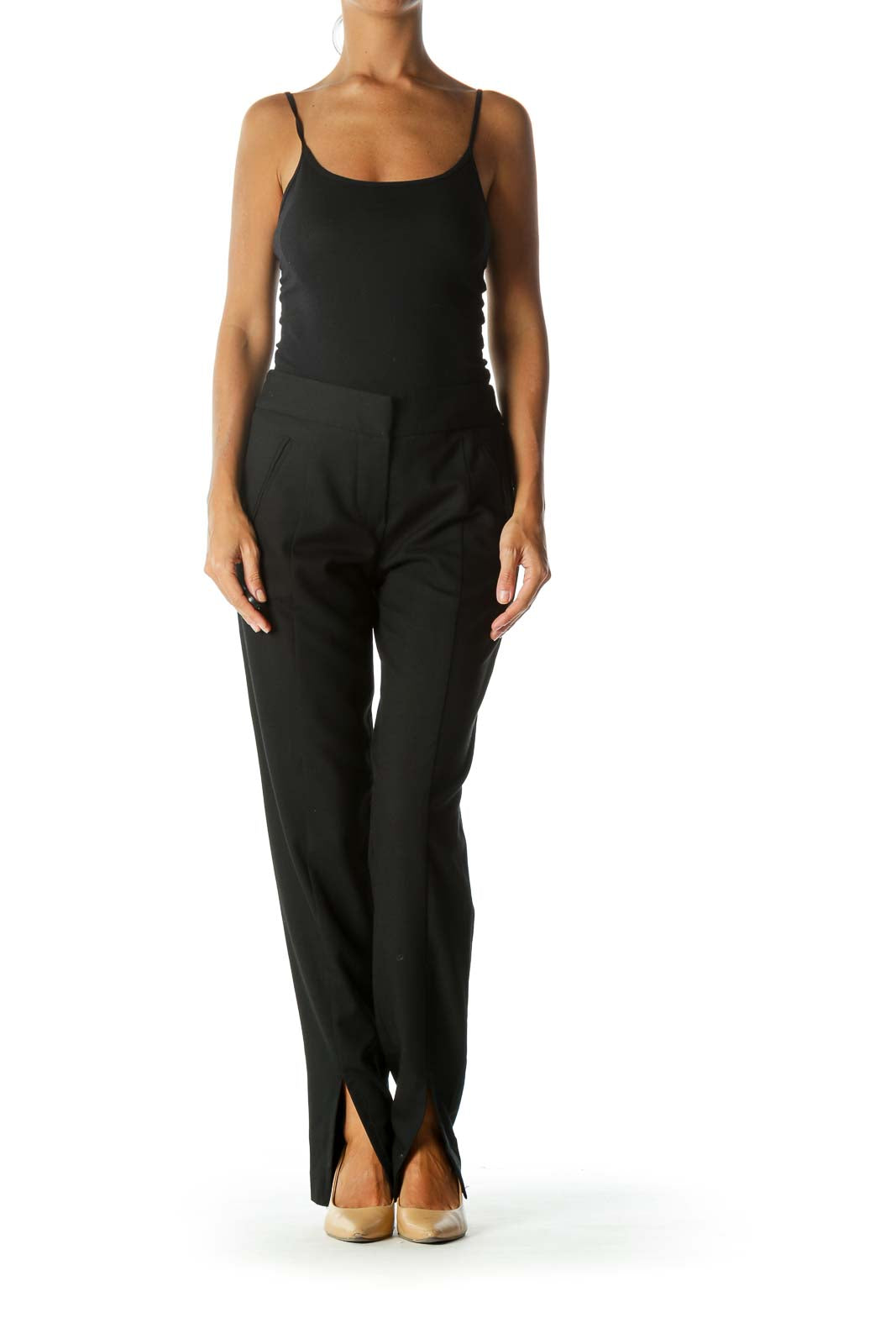 Black Hook-Closure Slit Ankle Detail Pants