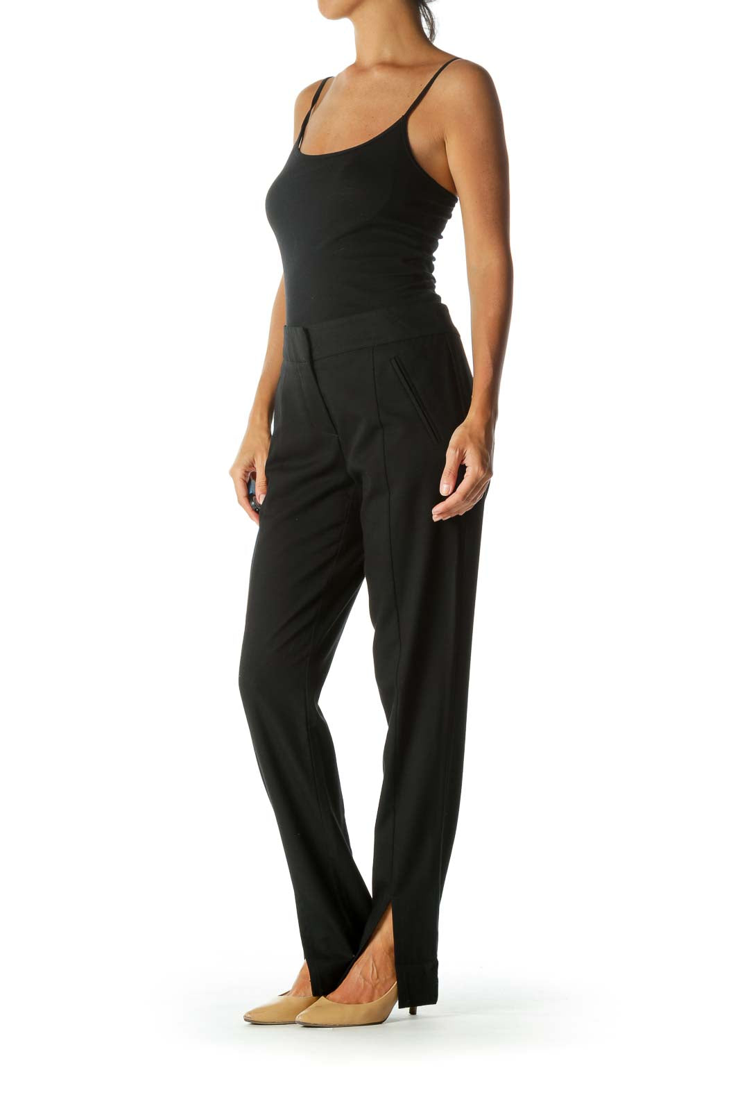 Black Hook-Closure Slit Ankle Detail Pants