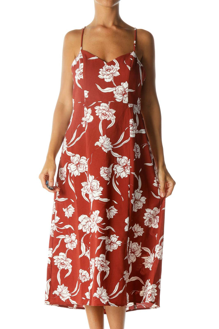 Brick Orange White Floral-Print V-Neck Spaghetti Straps Day Dress