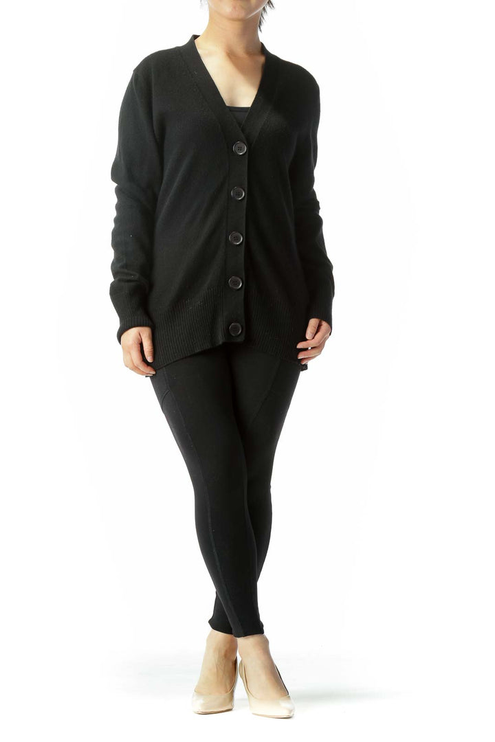Black Cotton Cashmere Blend Buttoned Long Sleeve Cardigan