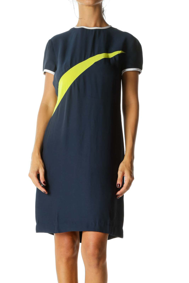 Navy Blue Fluorescent Green White Trim Short Sleeve Silk Blend Color Block Dress