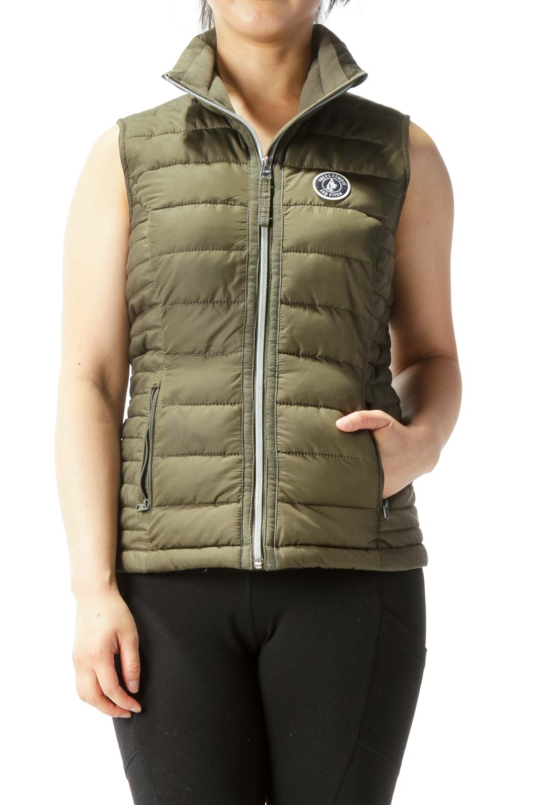 Olive Green Padded Quilted Zipper Pockets Vest
