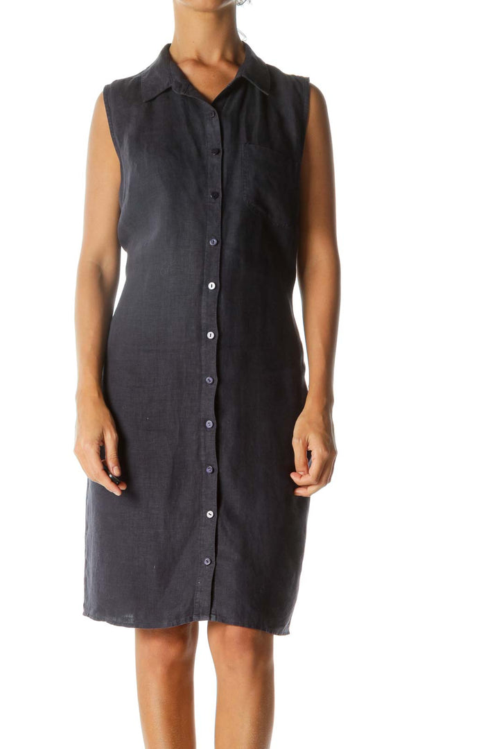 Navy Linen Sleeveless Buttoned Shirt Dress