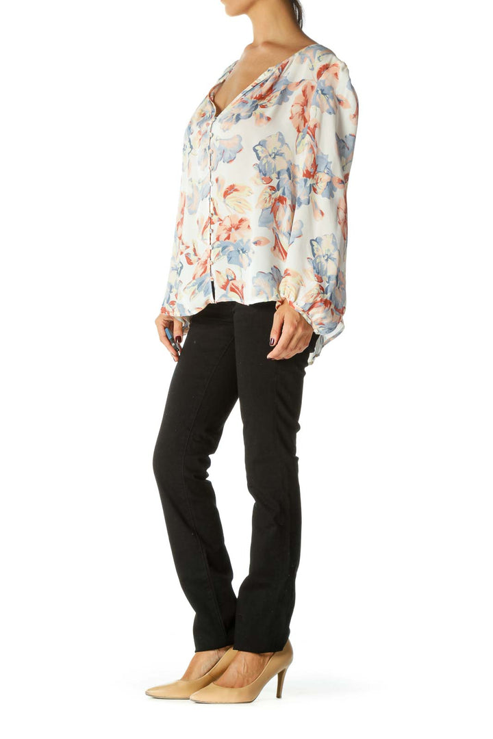 Blue Orange Yellow 100% Silk Floral Print Long Sleeve Blouse