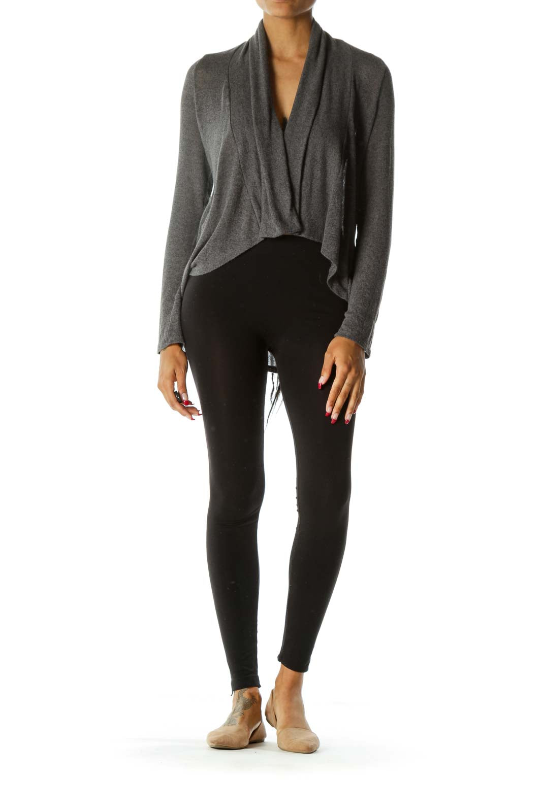 Gray Long Sleeve Stretch Knit Open Cardigan