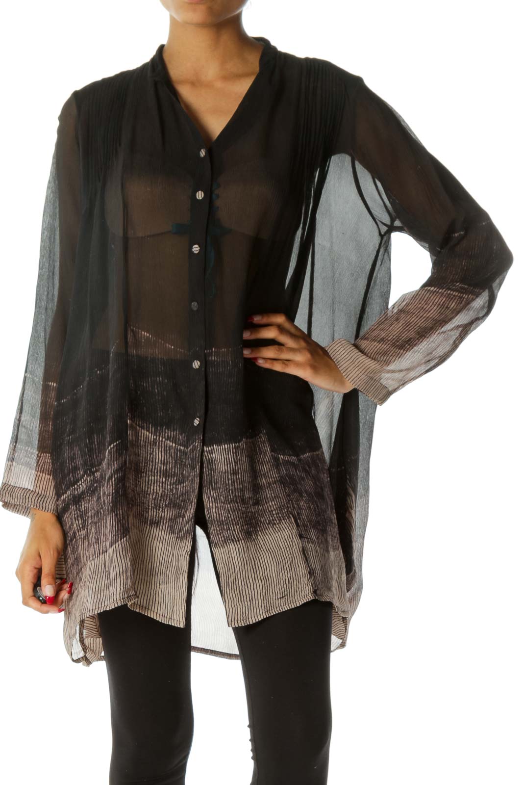 Black Beige Pleated Buttoned 100% Silk Print Pocketed See Trough Dress