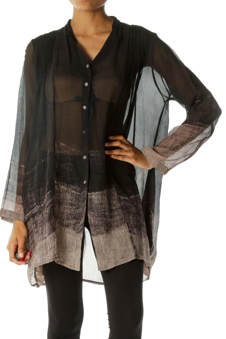 Black Beige Pleated Buttoned 100% Silk Print Pocketed See Trough Dress