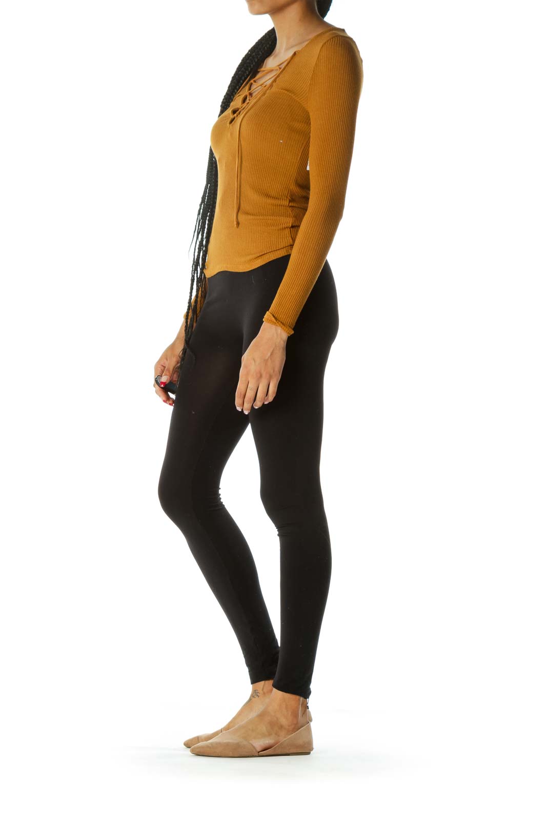 Mustard Yellow Crisscross Ribbed Texture Long Sleeve Stretch Top