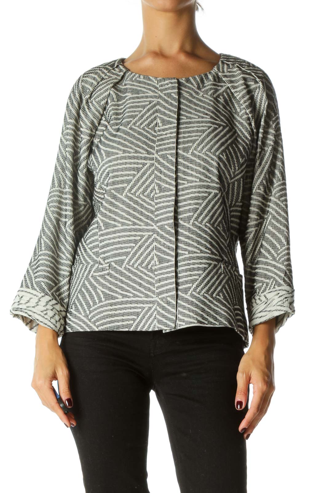 Black Cream Knit Pattern Pleating Detail Snap Buttons Faux-Buttons Blazer