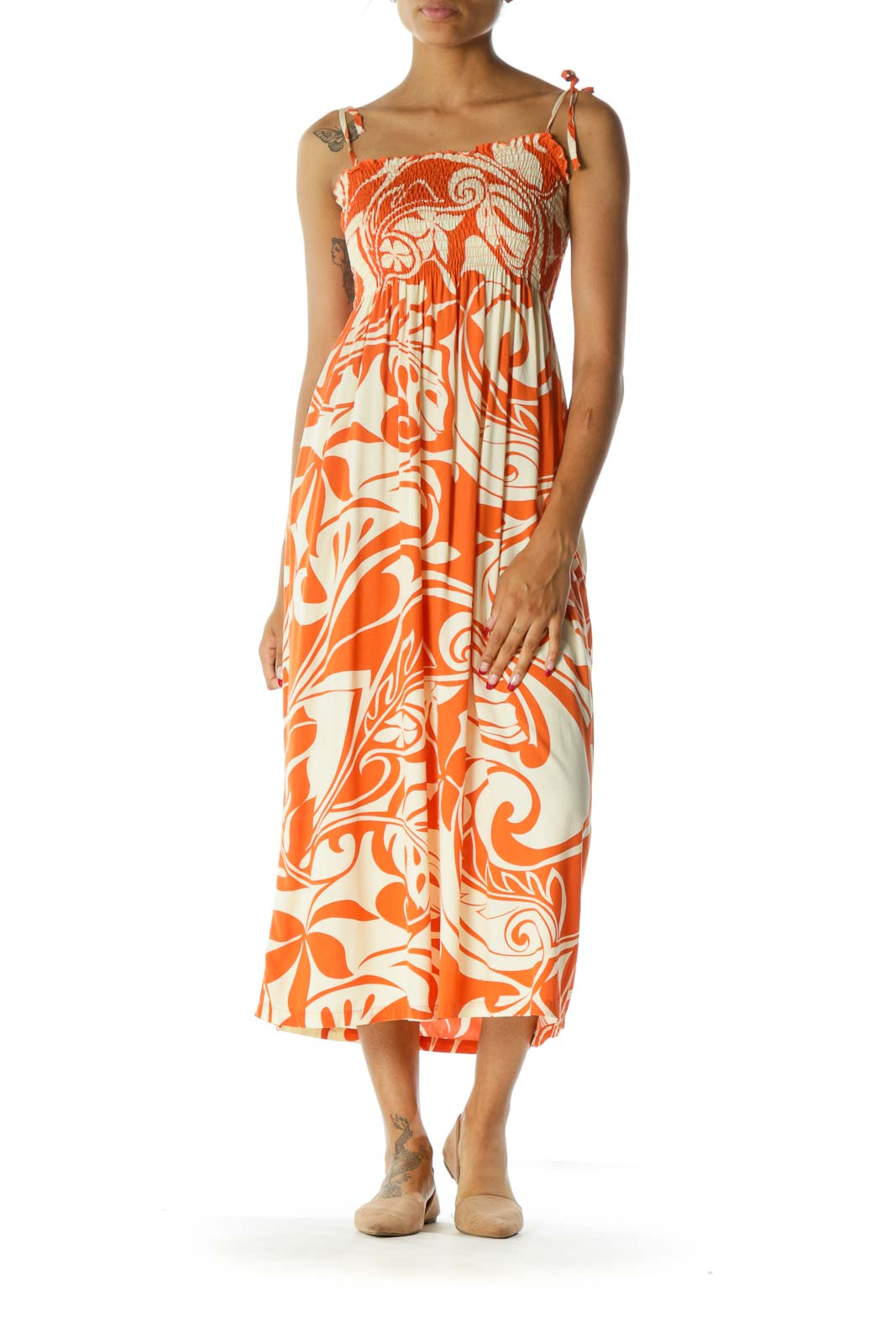 Orange Cream Shirring Printed Long Day Dress
