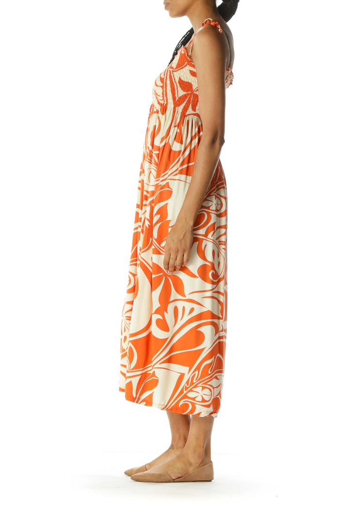 Orange Cream Shirring Printed Long Day Dress