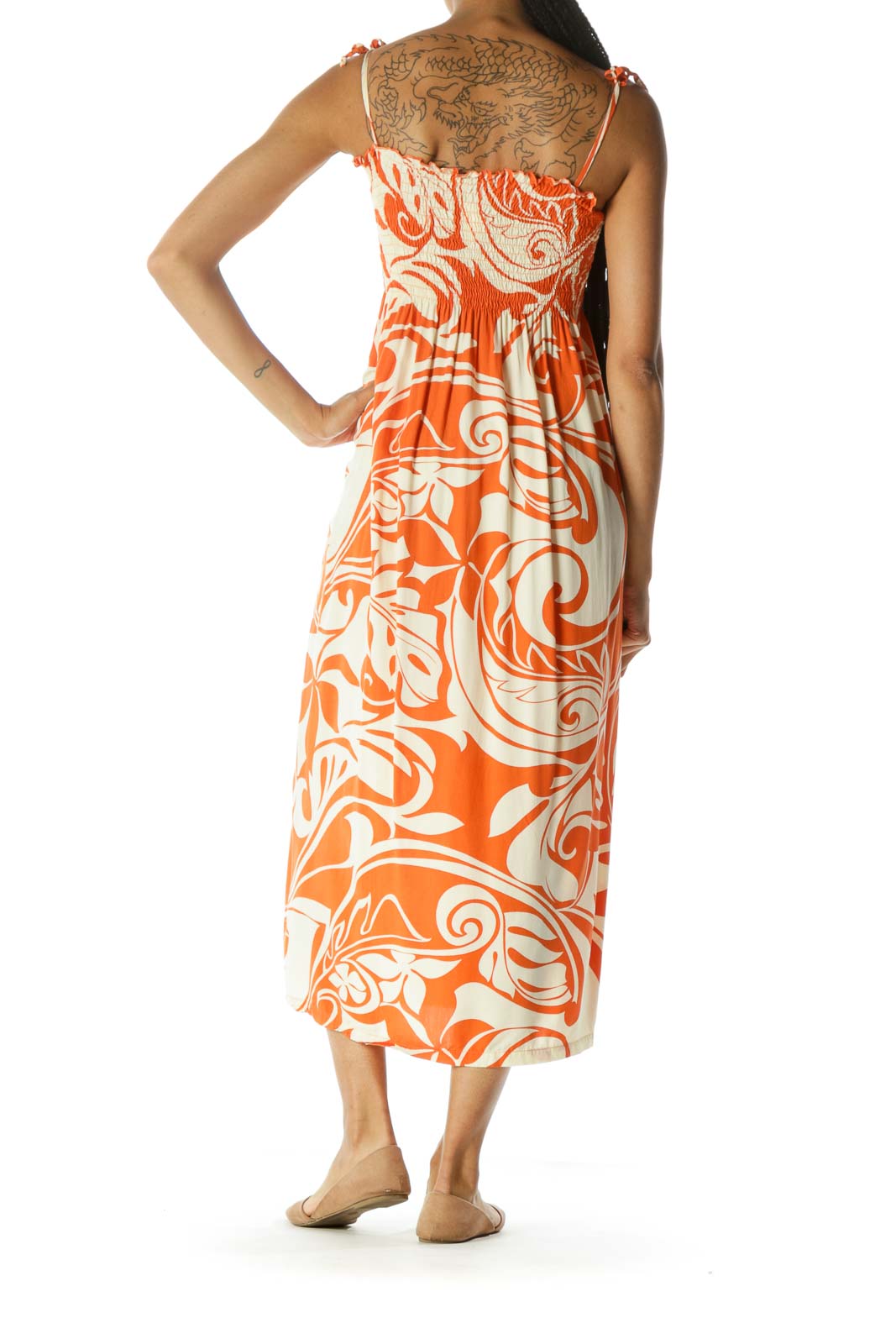 Orange Cream Shirring Printed Long Day Dress