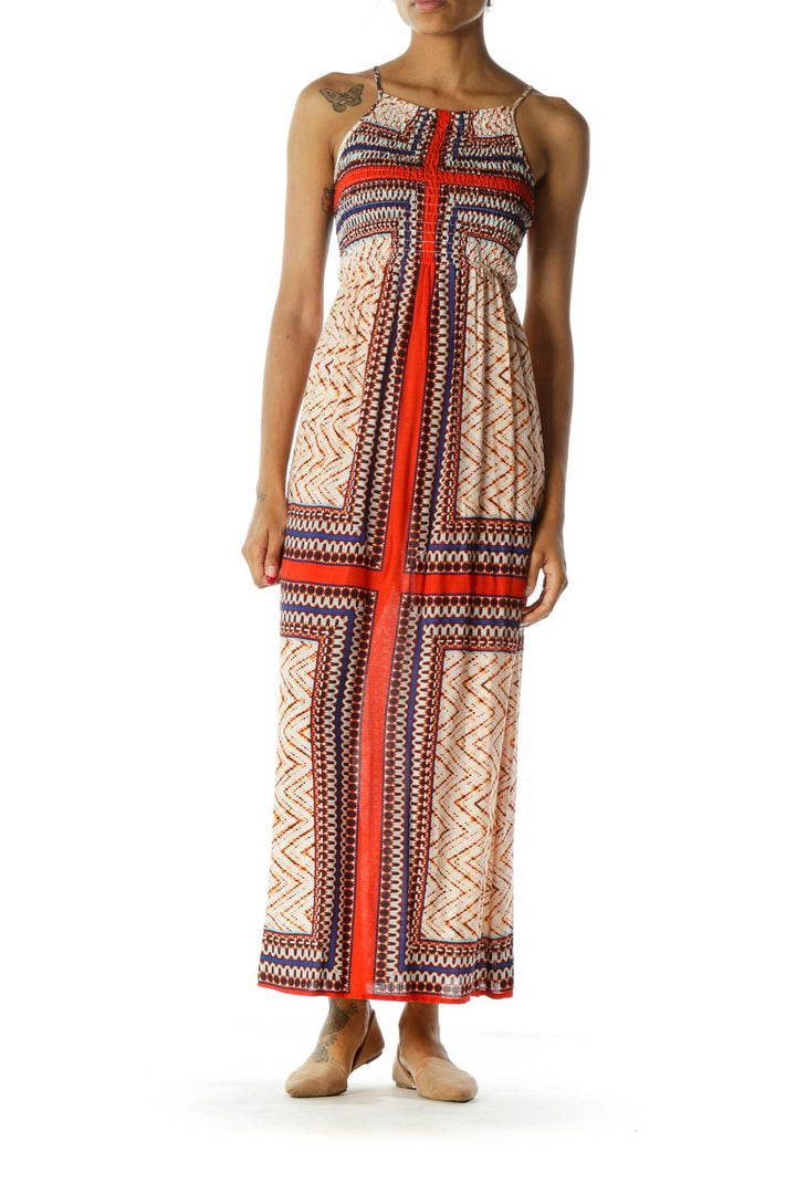 Blue Orange Square Neck Spaghetti Strap Shirring Maxi Dress