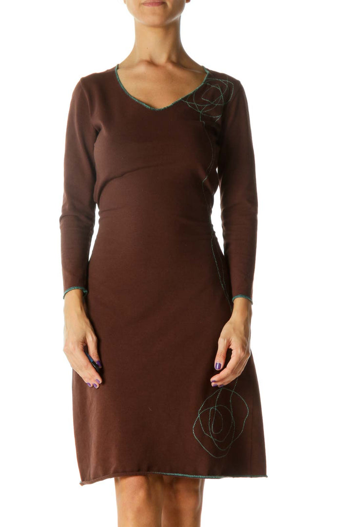 Brown Mint Green Embroidery Belted Stretch Cotton Day Dress
