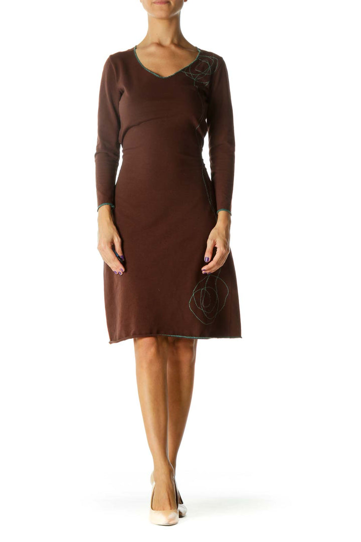 Brown Mint Green Embroidery Belted Stretch Cotton Day Dress