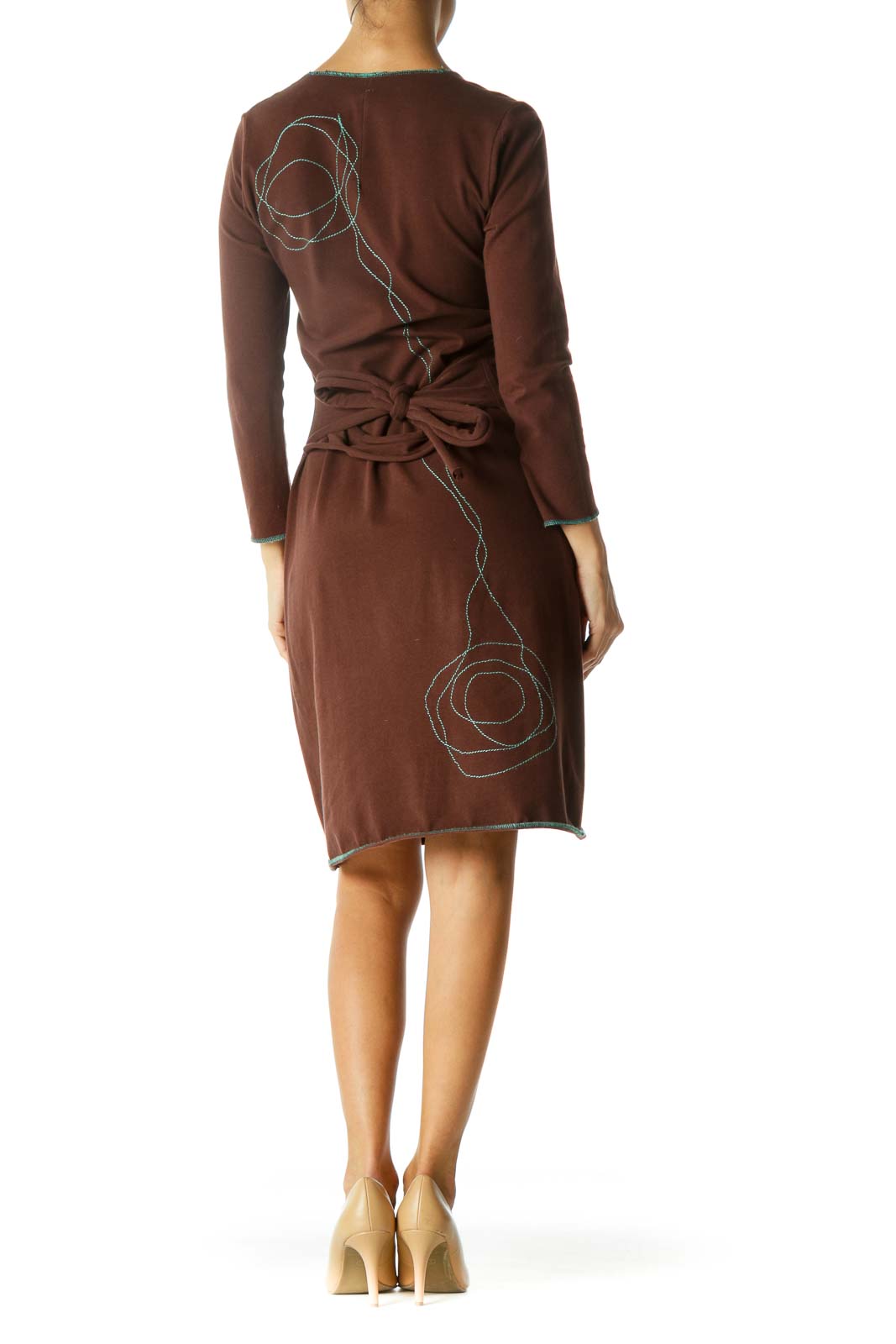 Brown Mint Green Embroidery Belted Stretch Cotton Day Dress