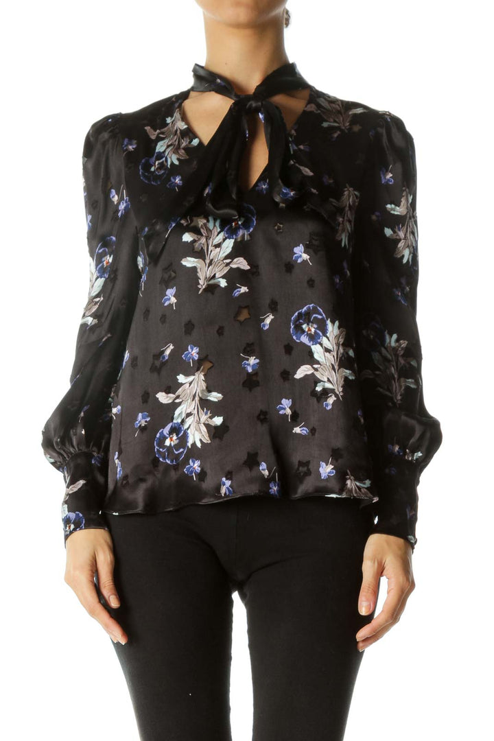 Black Blue Purple Print Textured-See-Through-Stars Appliques Tulle-Shoulder-Structuring Blouse