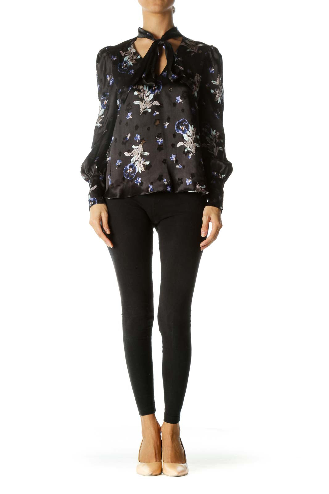 Black Blue Purple Print Textured-See-Through-Stars Appliques Tulle-Shoulder-Structuring Blouse